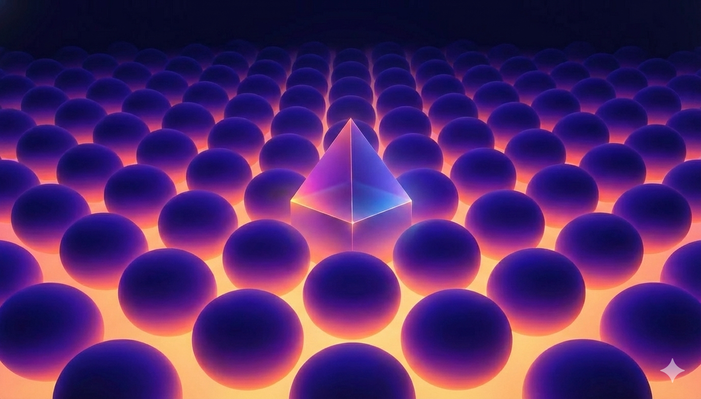 Glowing pyramid standing out among rows of purple gradient spheres on a bright neon surface.