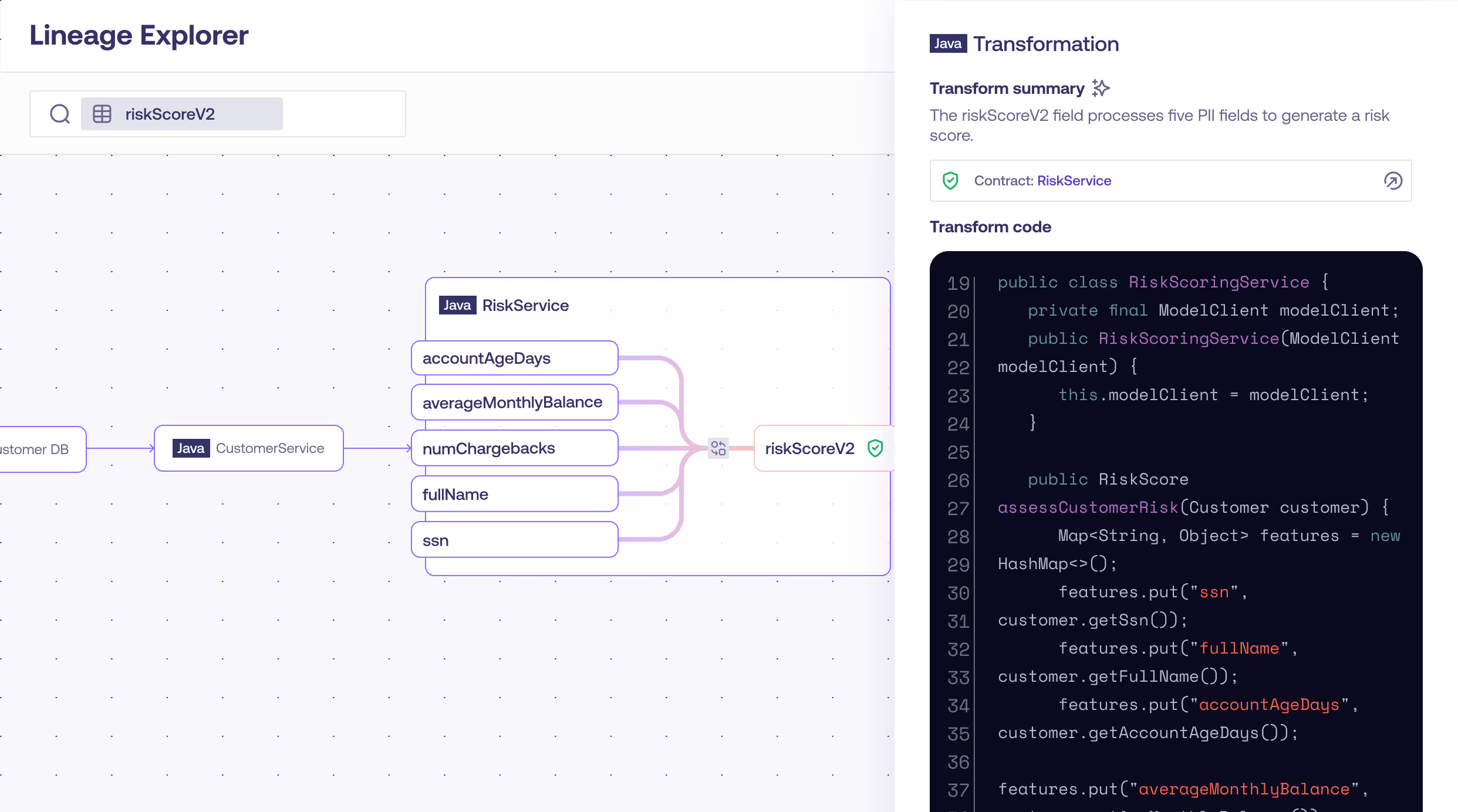 Gable’s code-level data lineage and transformation view shows how source fields connect to outputs with schema validation.