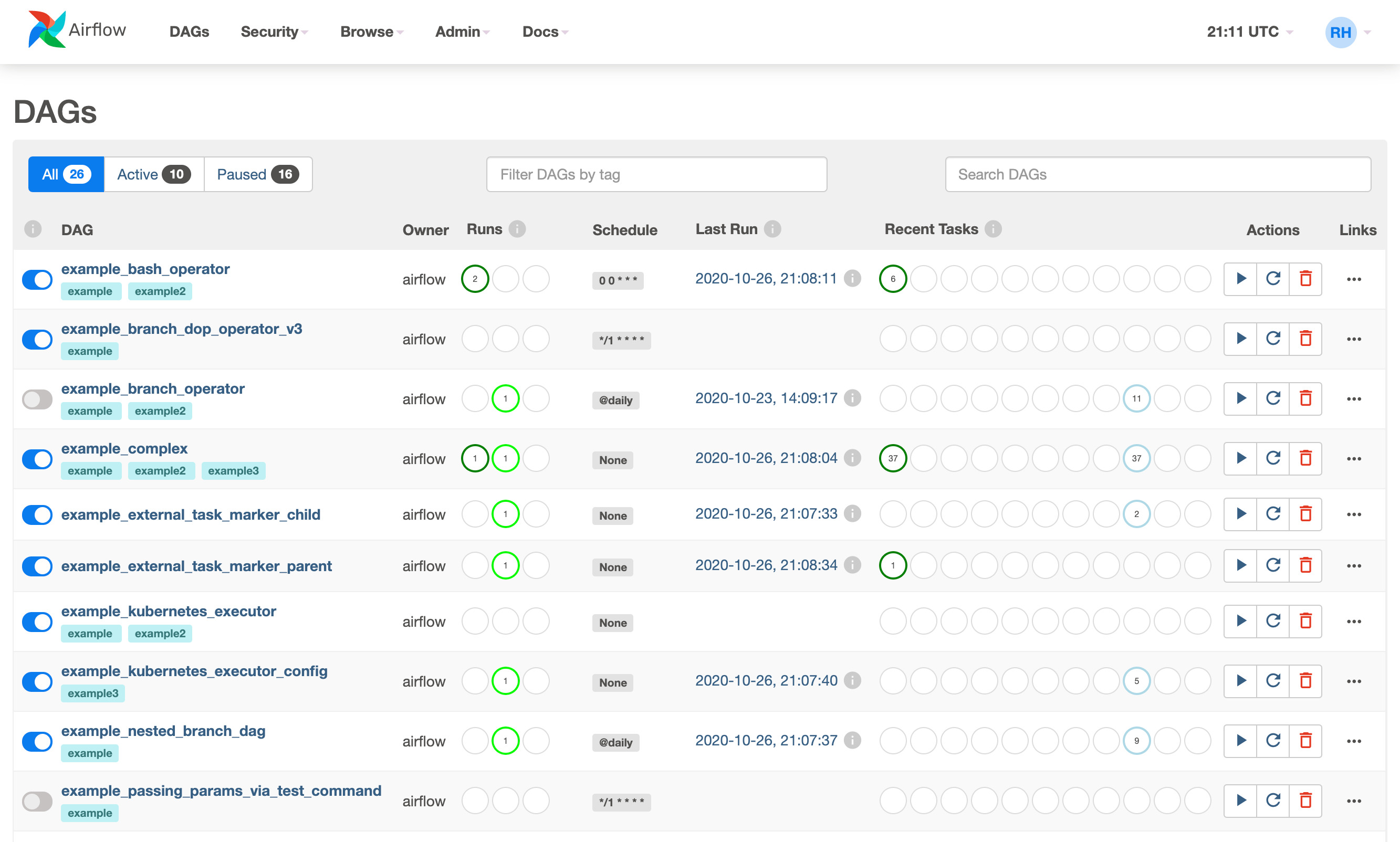 Apache Airflow’s DAGs dashboard shows task runs, schedules, and workflow monitoring for data pipelines.