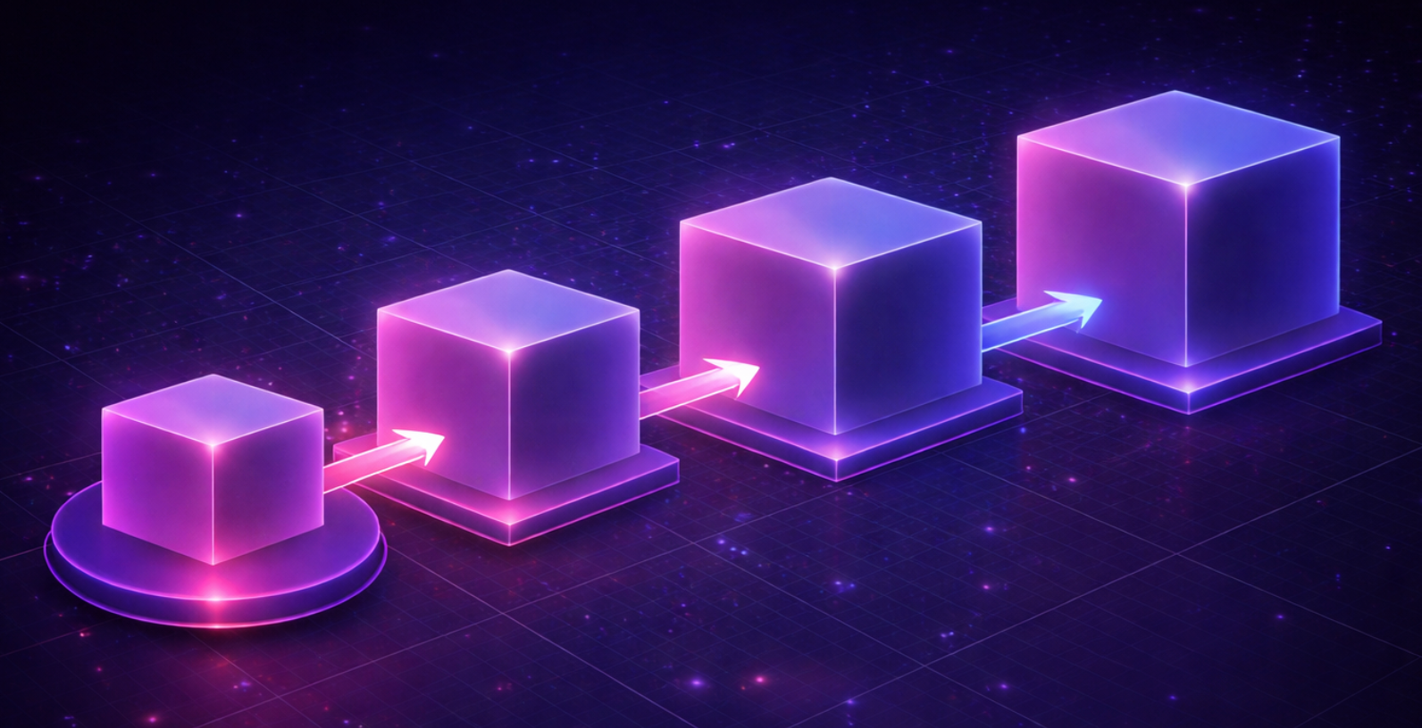 Phased data migration shown as growing cubes connected by pathways, representing staged validation and controlled rollout