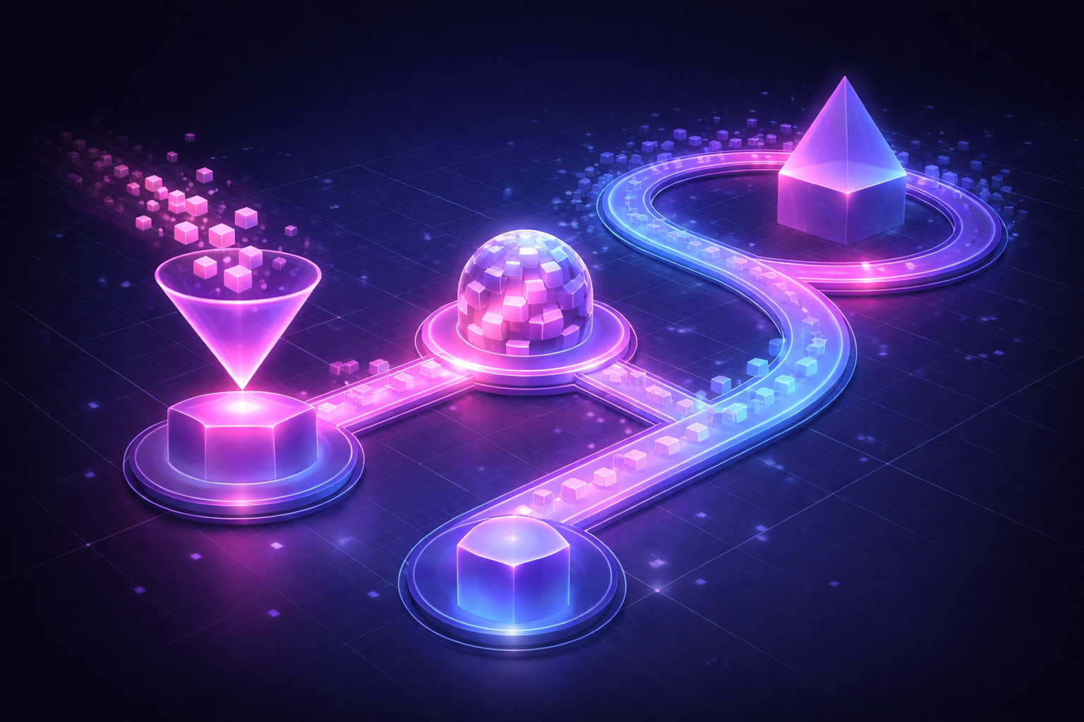 Abstract map of data flows showing data processed through structured pathways across different business functions
