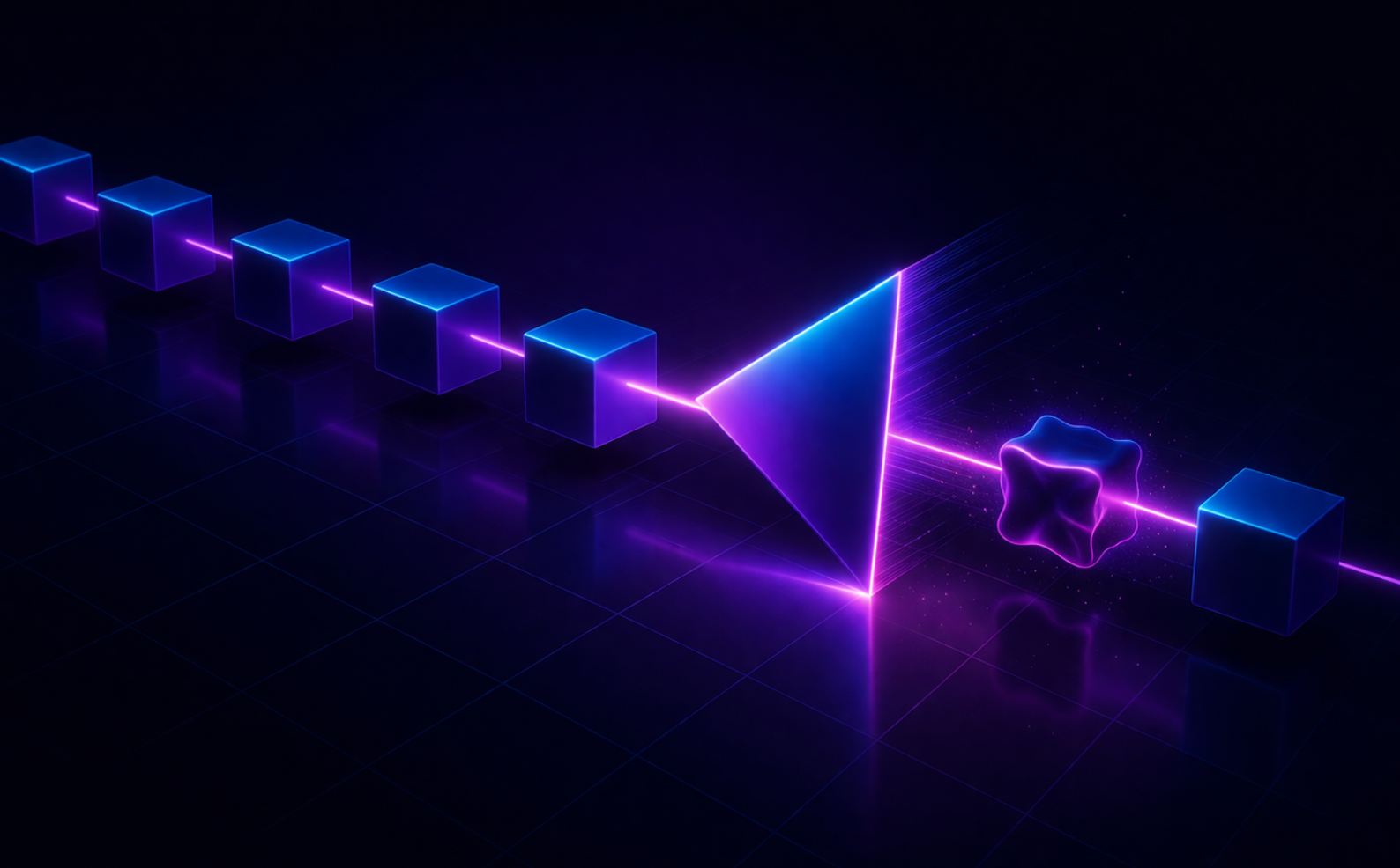 Neon data blocks align as a triangle points upstream, showing issues should be fixed at the source before downstream problems