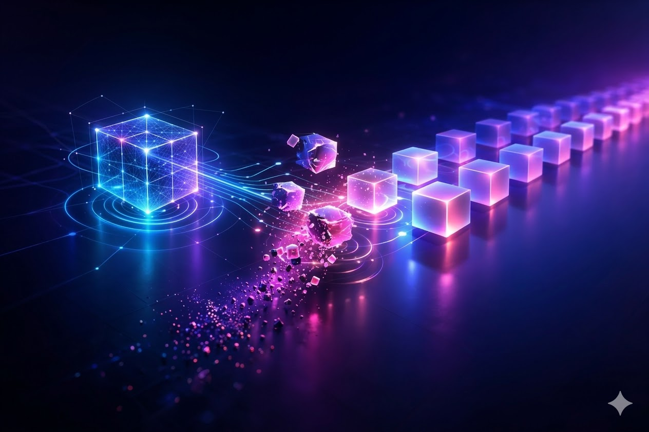 Glowing blueprint defines data structure as cubes form, invalid ones fragment early, and only clean validated cubes flow downstream