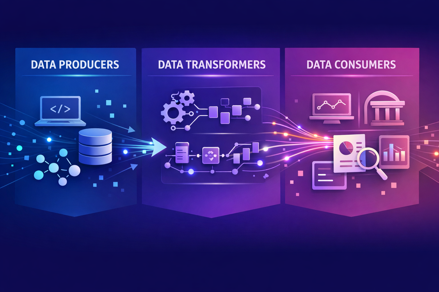 A graphic that illustrates how data flows between data producers, transformers, and consumers