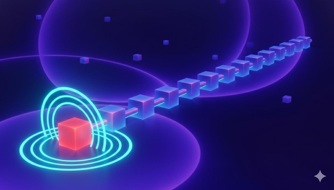 An abstract chain of glowing data cubes, with one red cube that symbolizes an error early in the chain
