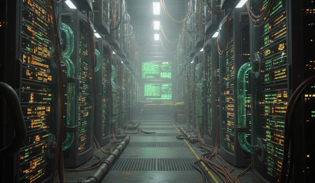 An image that shows a futuristic data center with rows of glowing server racks