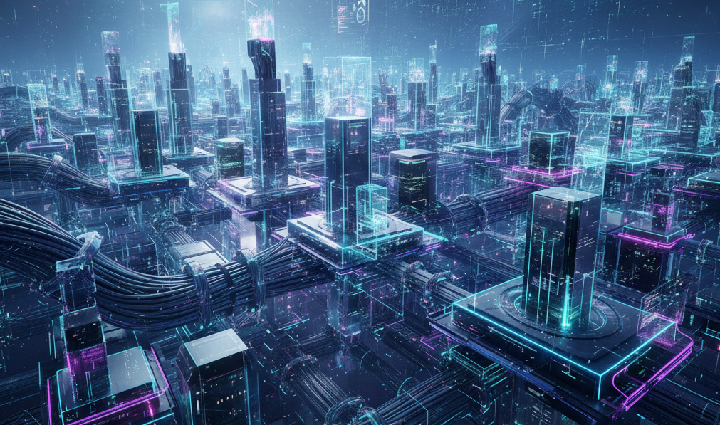 An image that shows a futuristic cloud server with connected computing resources