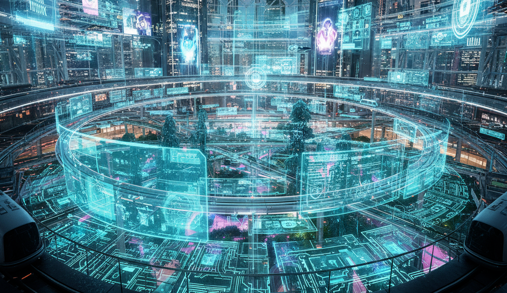 An image that shows a highly futuristic technological hub