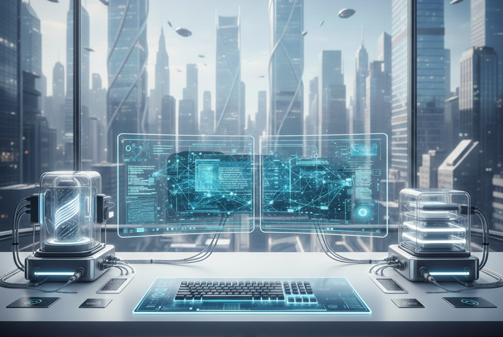 An image that shows a desk with two futuristic computer screens (Source: Gemini)