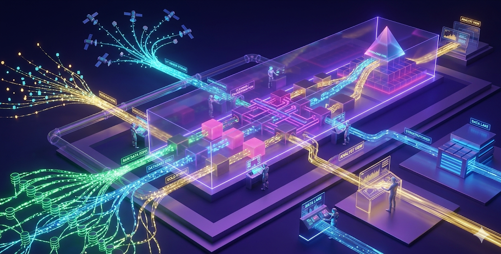 A complex neon 3D visualization of futuristic data pipelines and processing. Source: Gemini