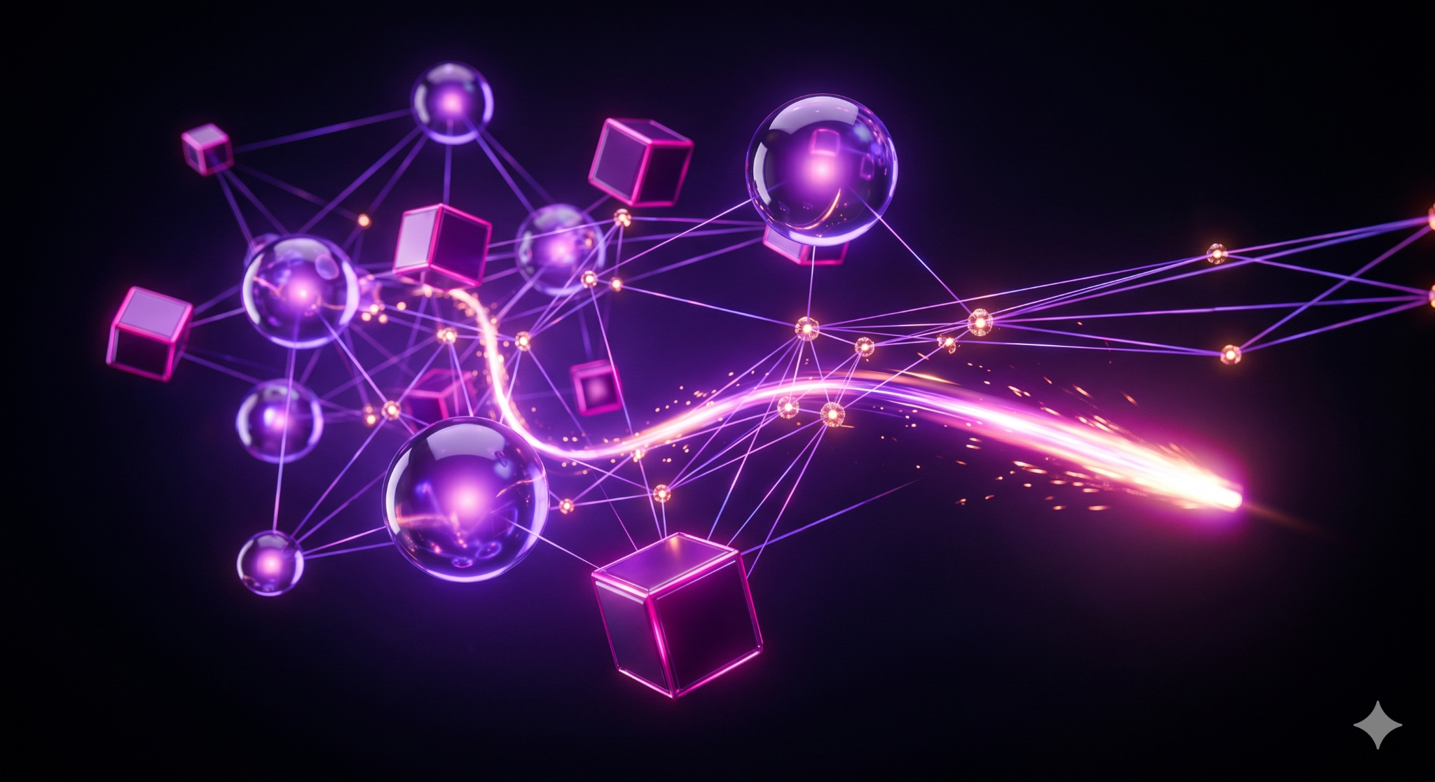 Abstract 3D scene evoking autonomous agents moving data through a system at speed