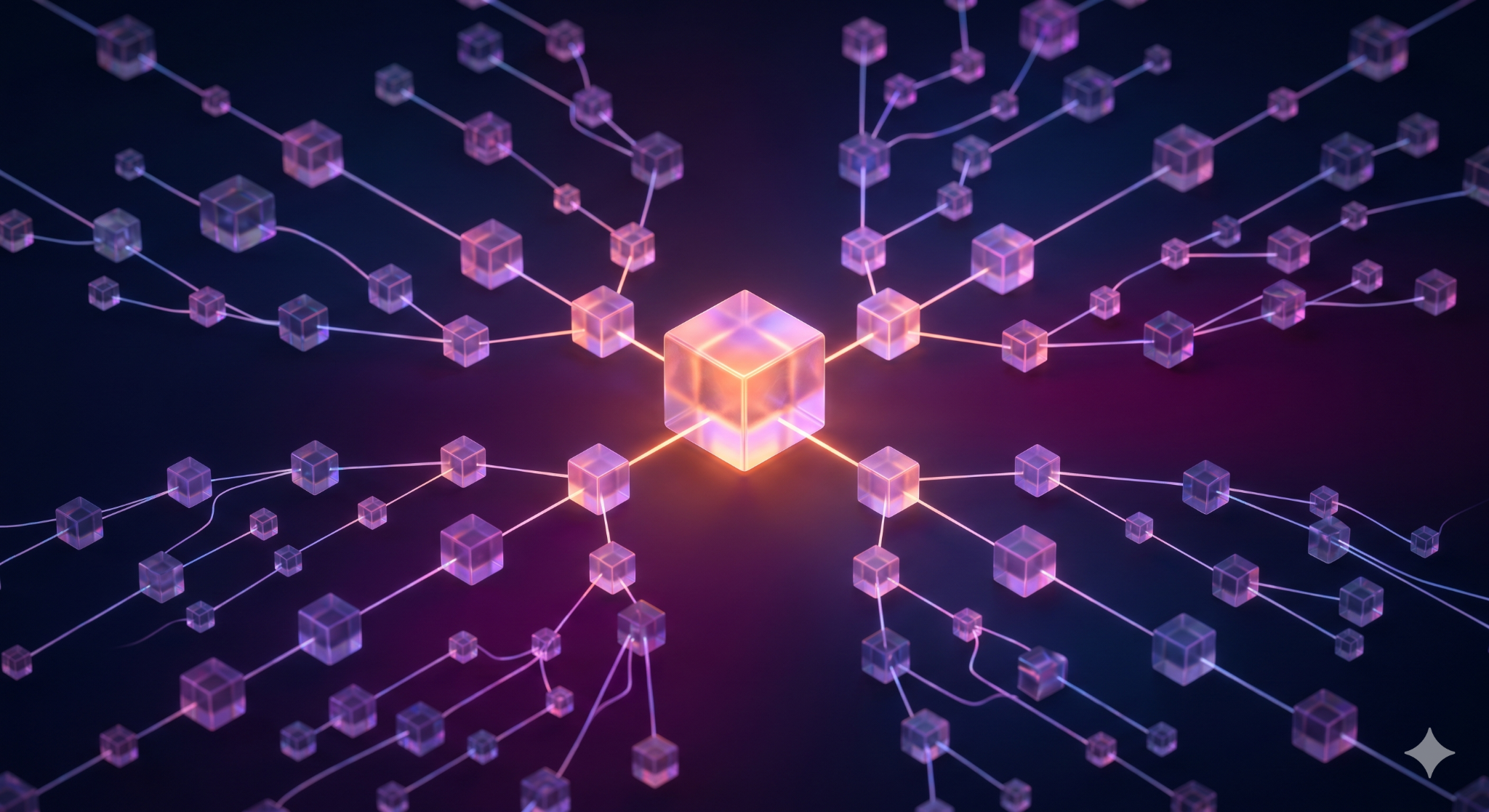 Abstract 3D scene of a single glowing cube/node feeding a branching chain, suggesting one input propagating across many downstream systems