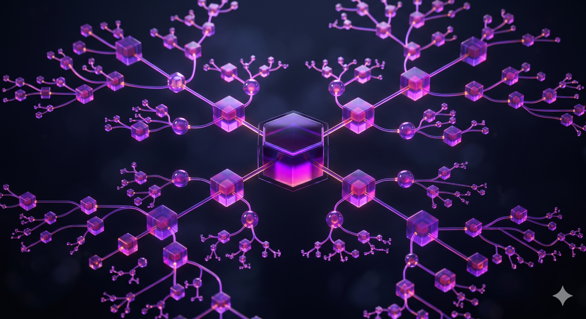 Abstract 3D execution tree, a glowing central node branching into nested geometric nodes connected by thin luminous lines, representing trace spans