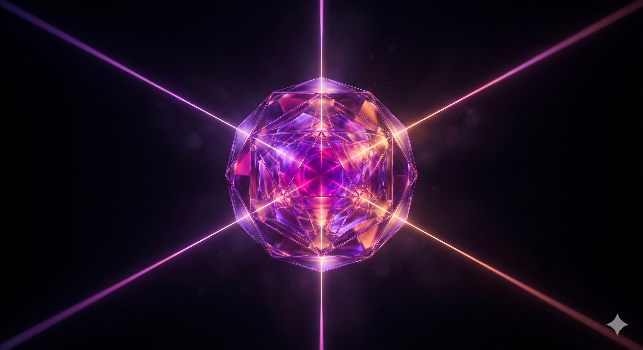 Abstract 3D visual of a glowing translucent geometric form being observed from outside by converging thin beams of light, suggesting inspecting an autonomous process you can trust to run on its own