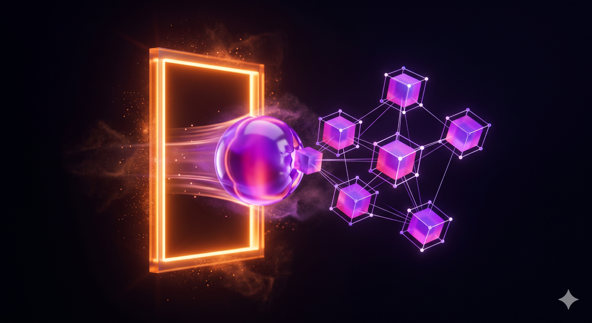 Abstract 3D scene of a glowing data object passing through a gate/checkpoint before splitting into model inputs