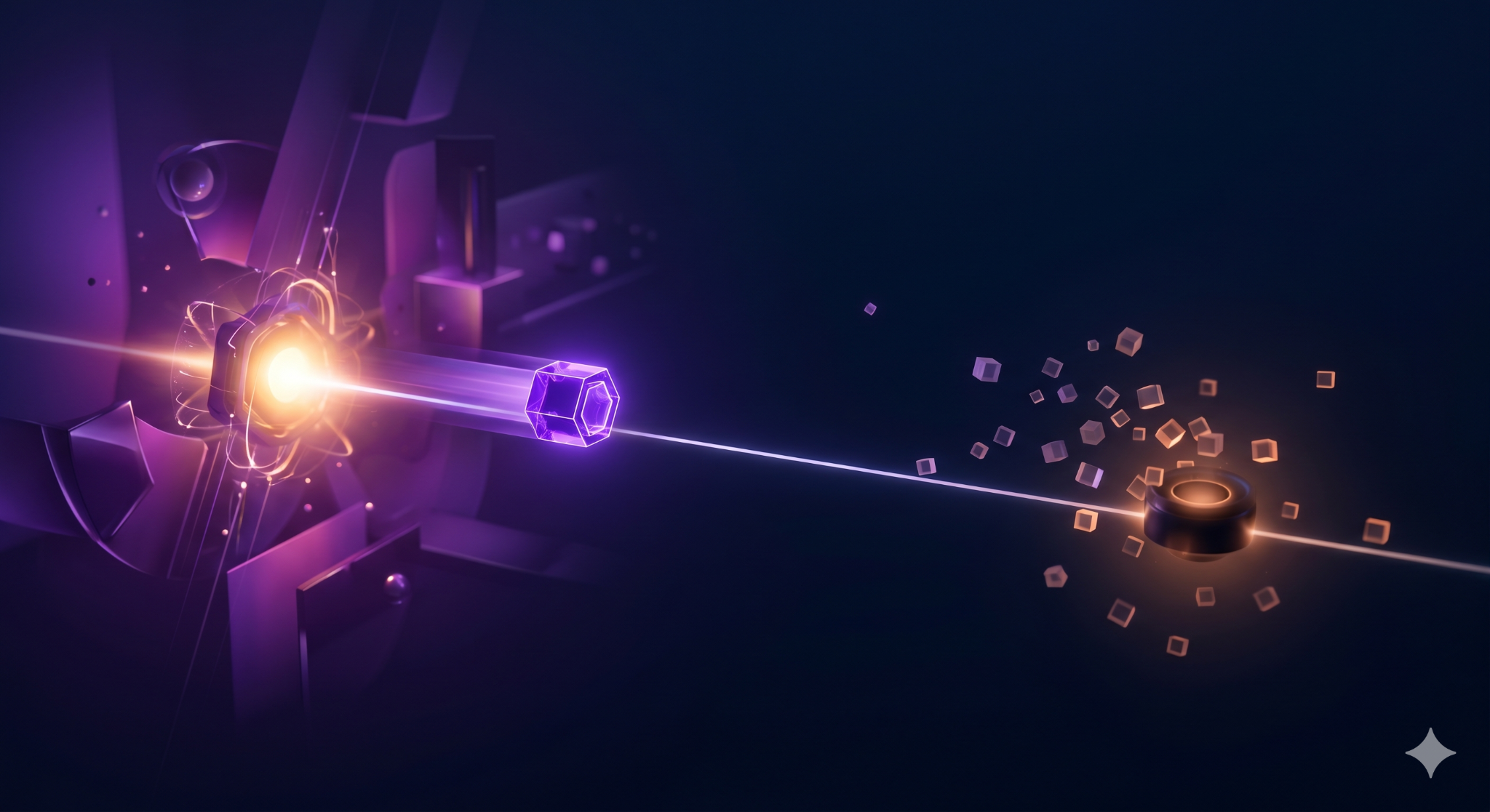 Abstract 3D scene contrasting a downstream cleanup point against an upstream source node where a glowing object originates