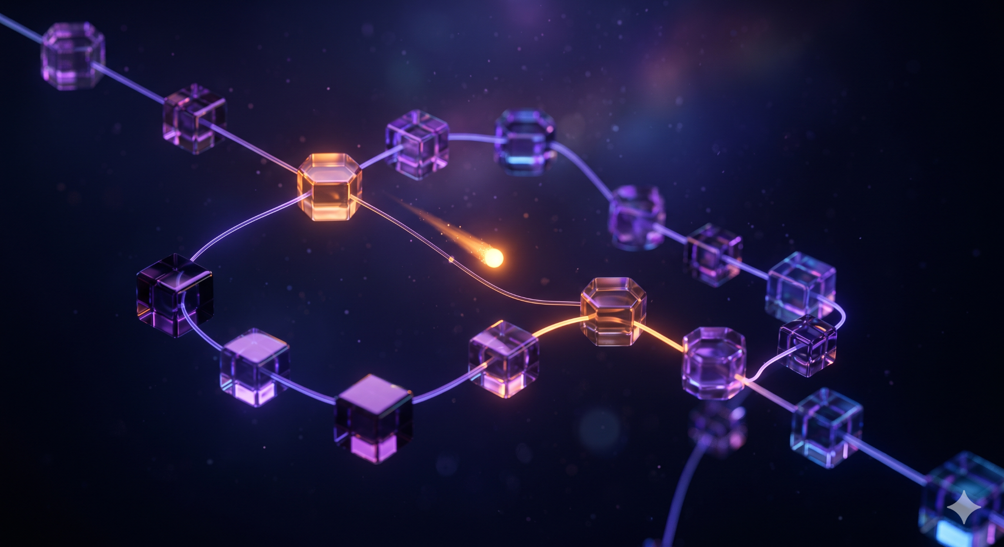 Abstract 3D scene of a glowing data field propagating along a thin line through several nodes, with one node upstream subtly altering its color, showing how a single upstream change ripples downstream