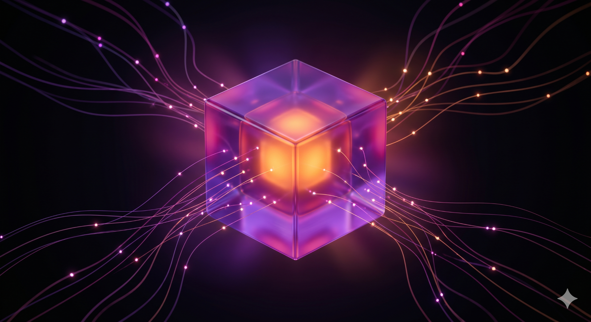 Abstract 3D scene of a single luminous cube holding its shape while connected nodes flow into it; represents data integrity preserved across a lifecycle