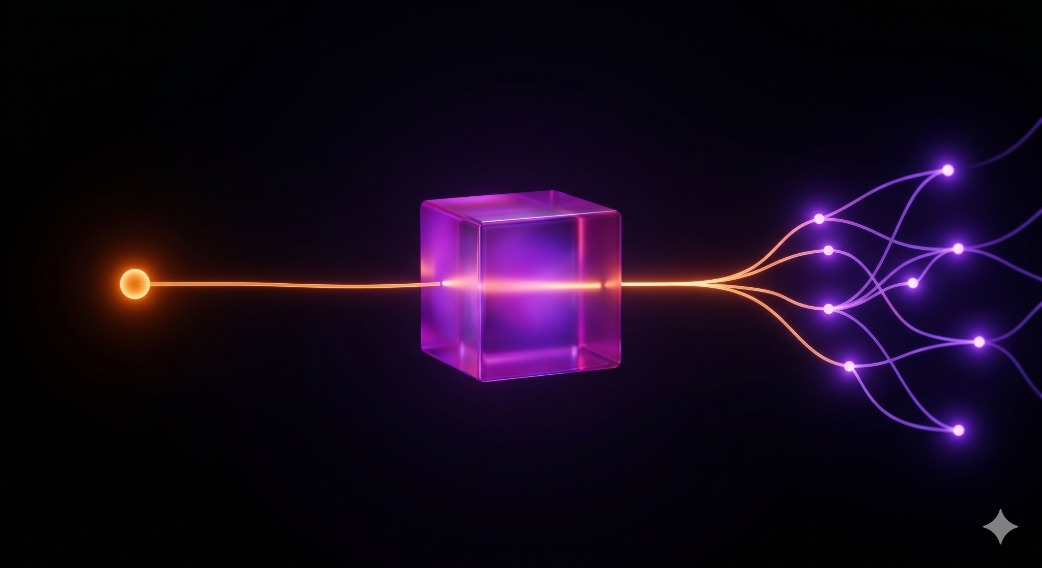 Abstract 3D scene of a glowing data path threading from a source node into a model, branching downstream