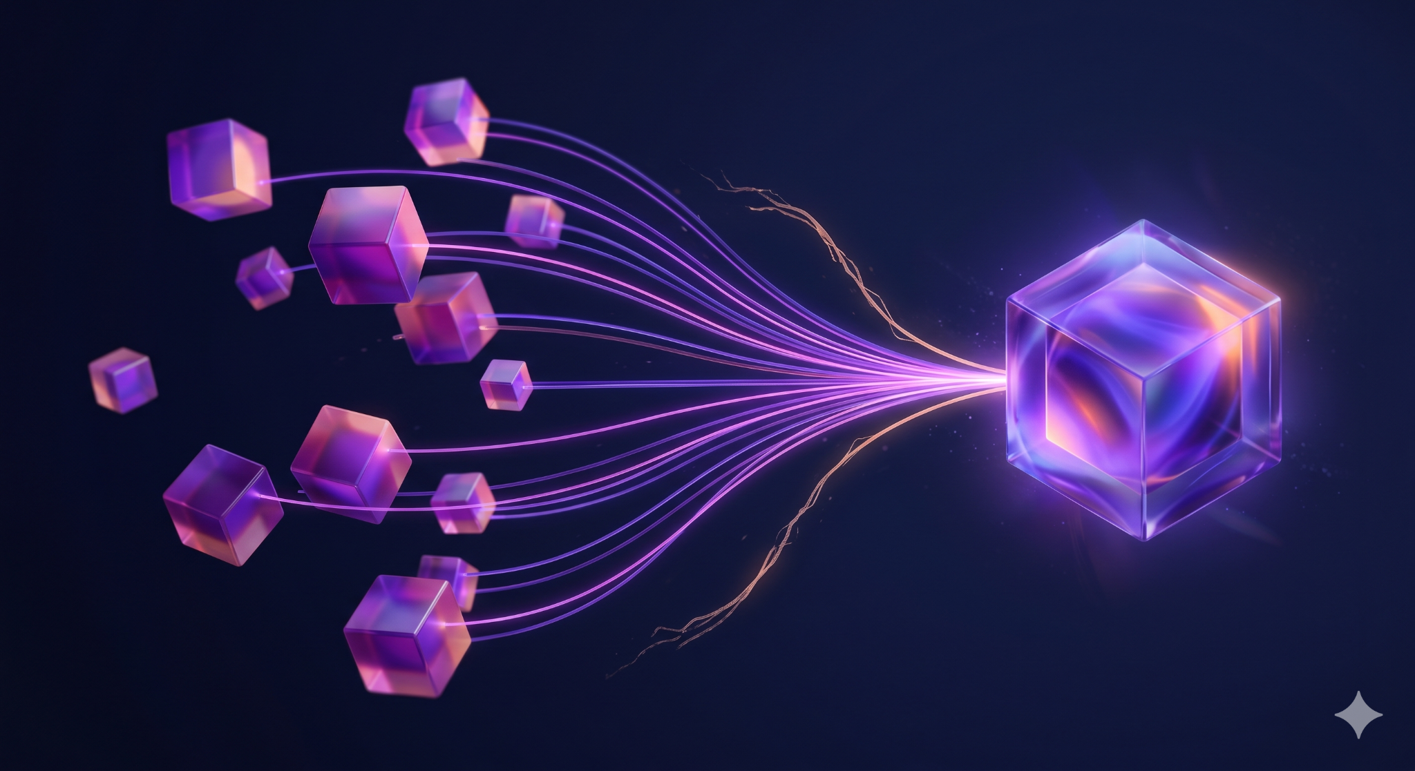 Abstract 3D scene of multiple disparate source cubes feeding into a single luminous model form, some connections frayed or broken