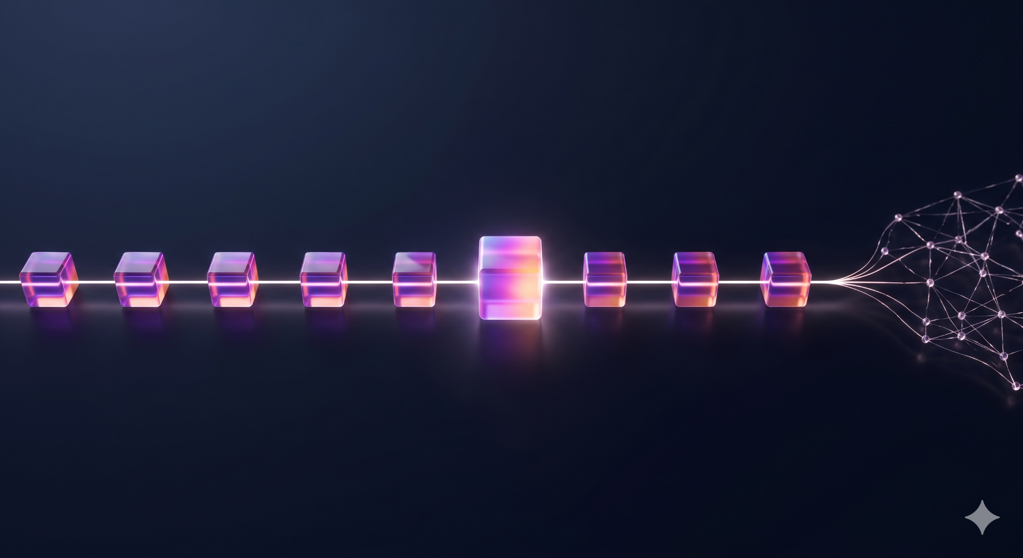 Abstract 3D geometric primitives connected by glowing lines, representing data being shaped into model features across stages