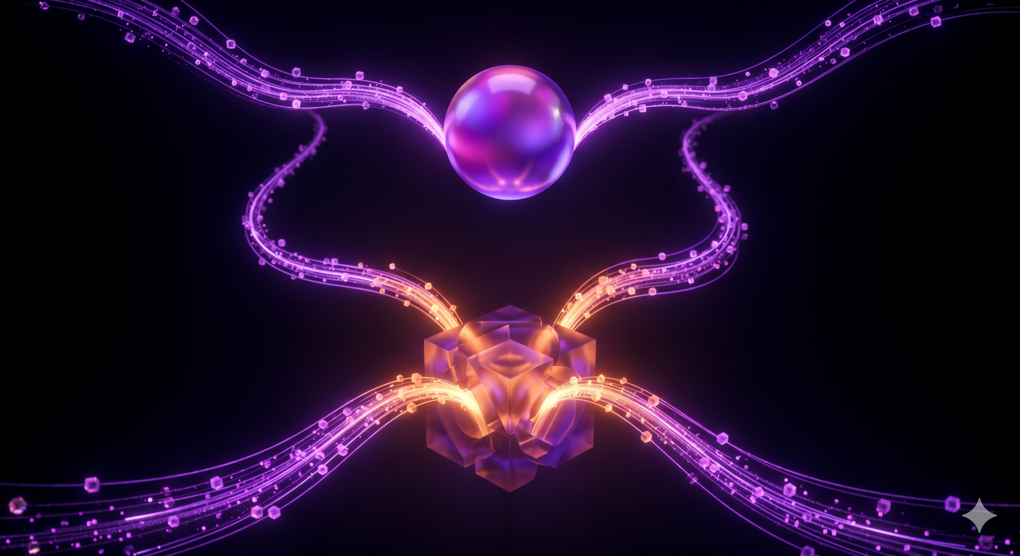 Abstract 3D scene of a single glowing data object splitting into three distinct streams feeding a luminous central form
