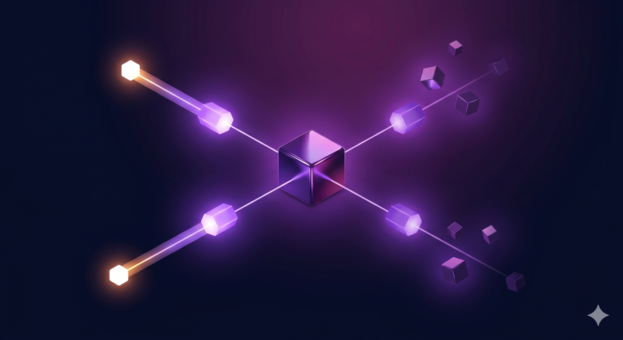 Abstract 3D scene contrasting three glowing input nodes converging on a central object, one node bright at the source, the others dimmer downstream