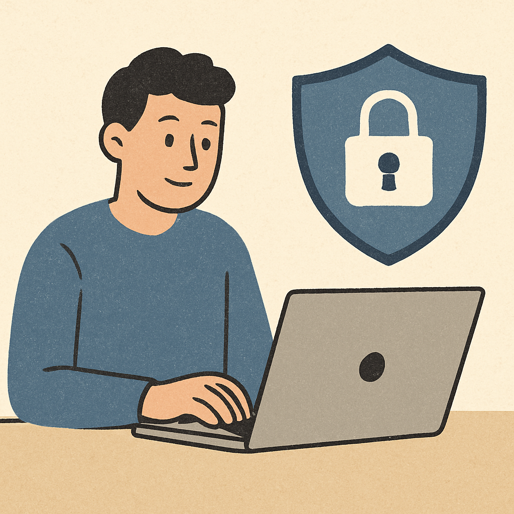 A person using a laptop with a shield icon representing online privacy