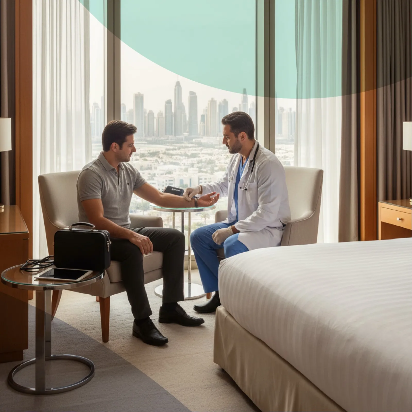 doctor monitoring patient in hotel room