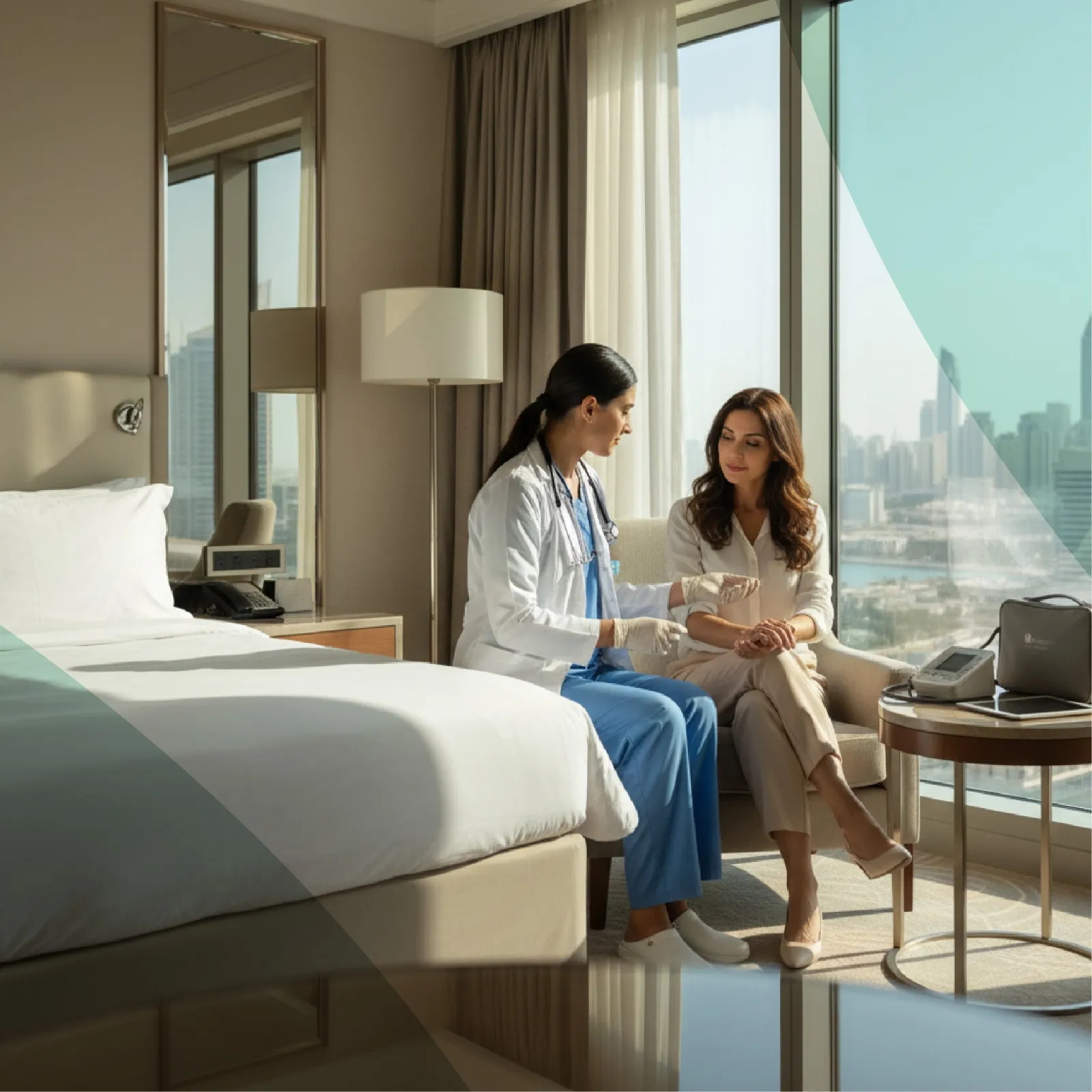 doctor and patient in hotel room