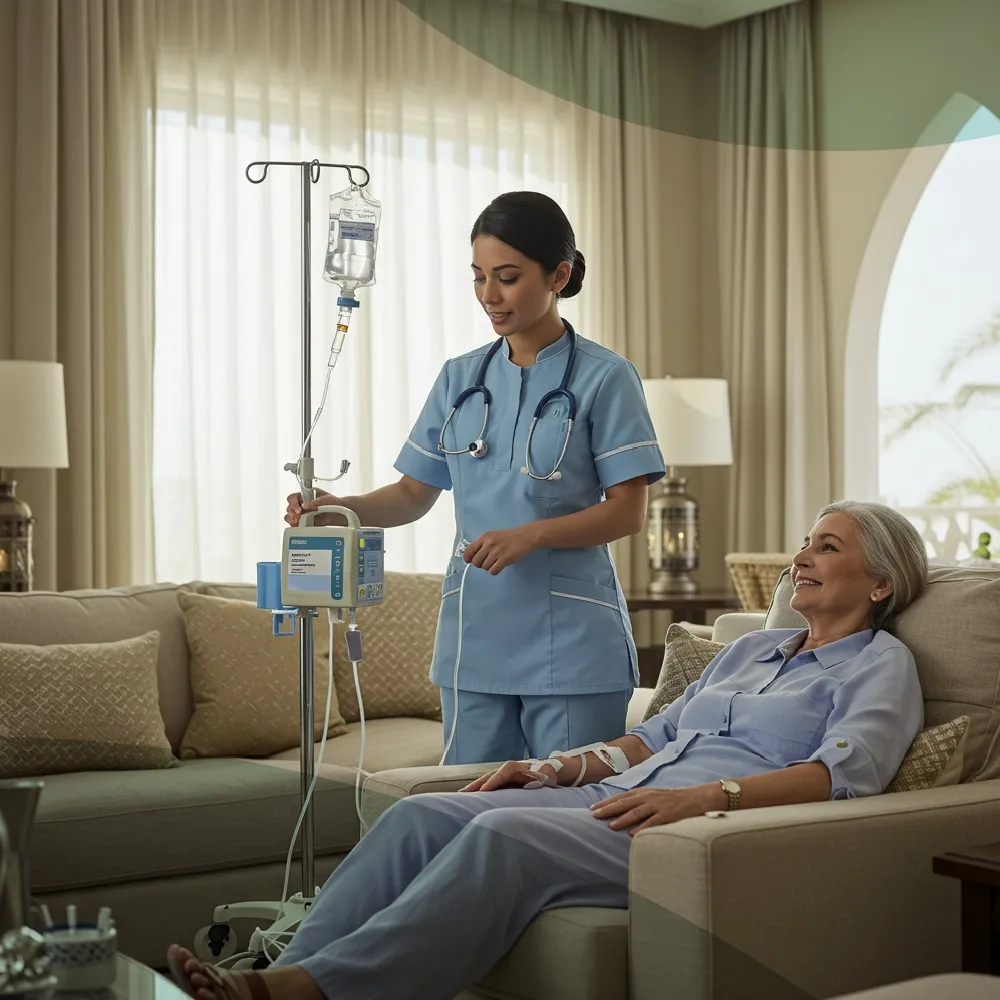 nurse administring drip to patient at home