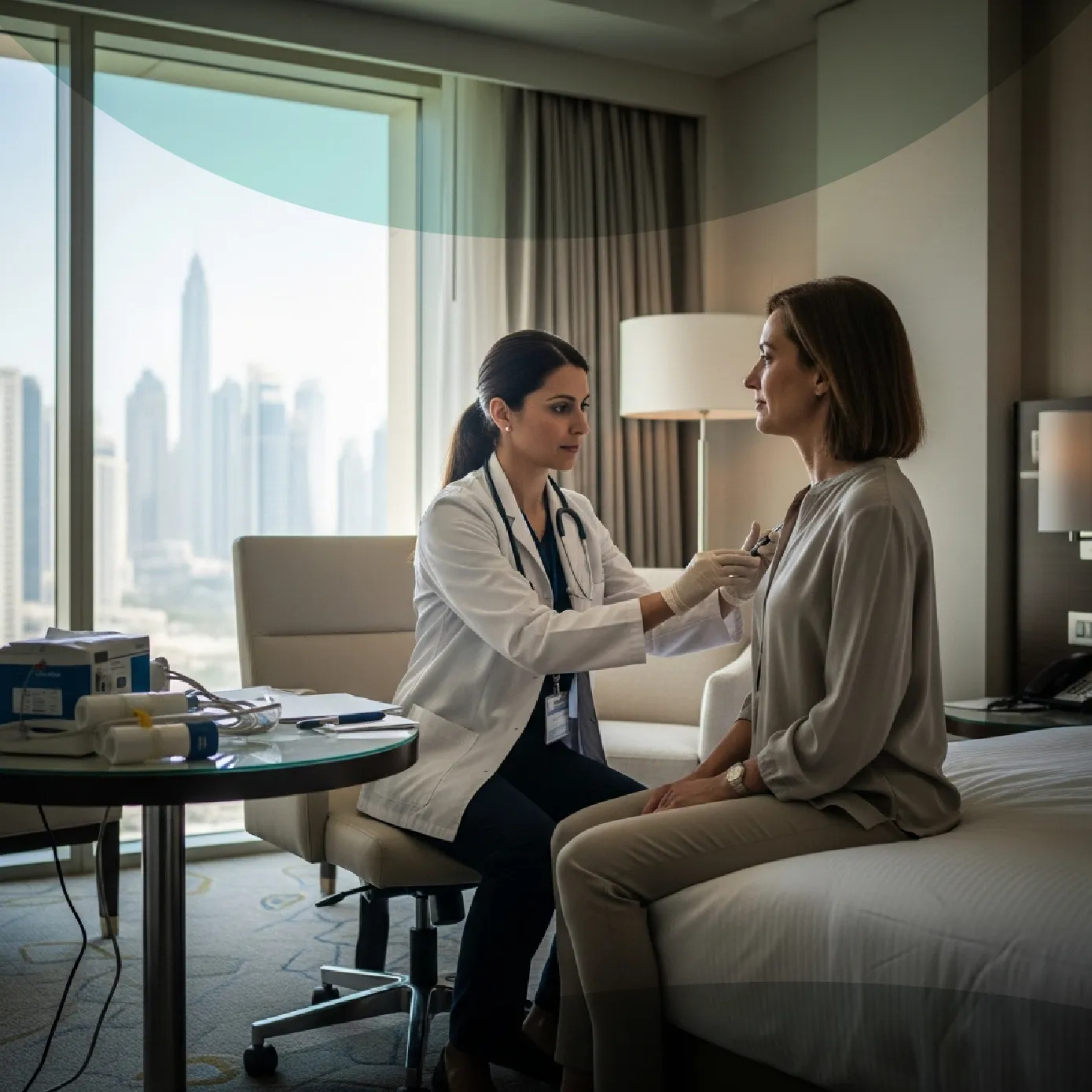 doctor and patient in hotel room