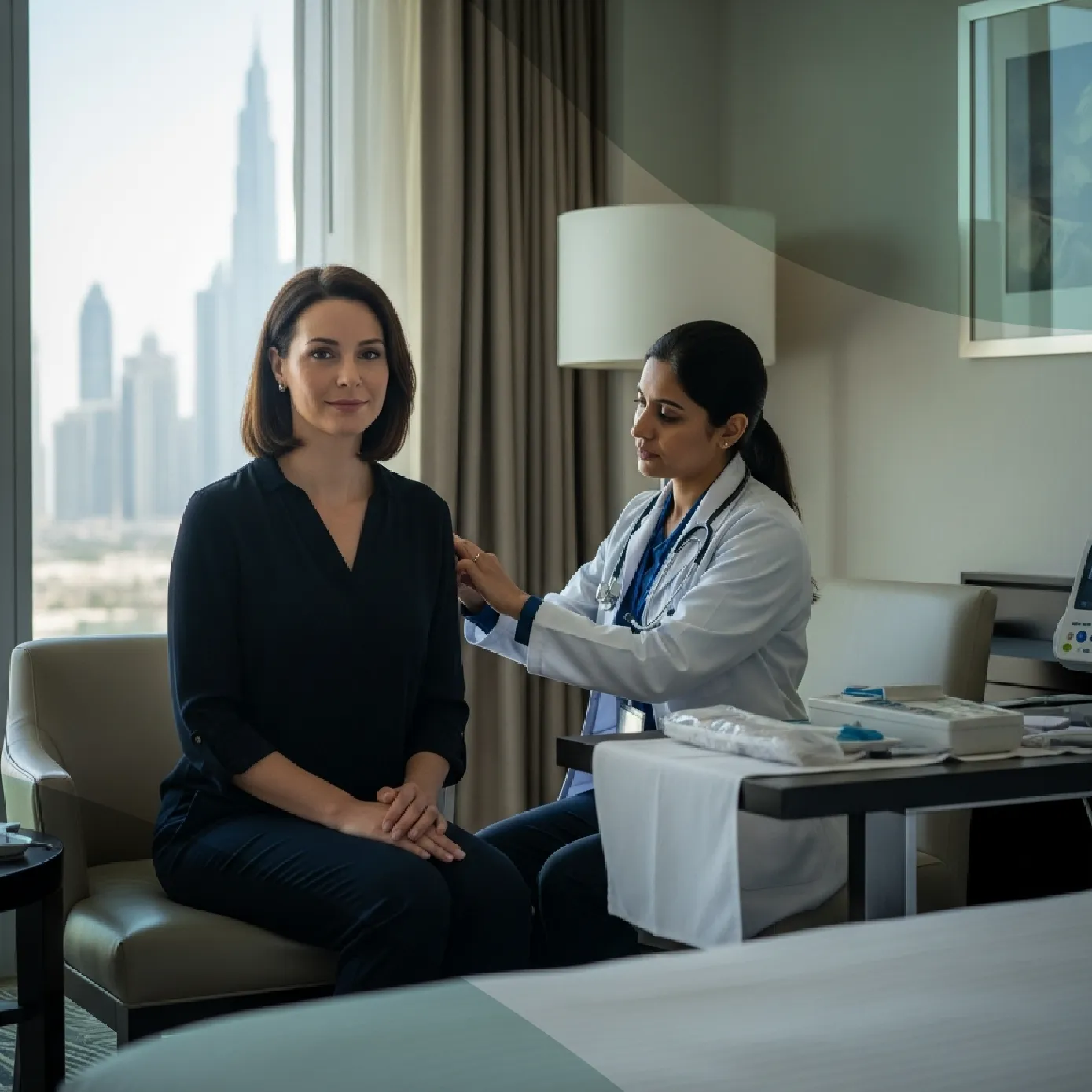doctor monitoring patient in hotel room