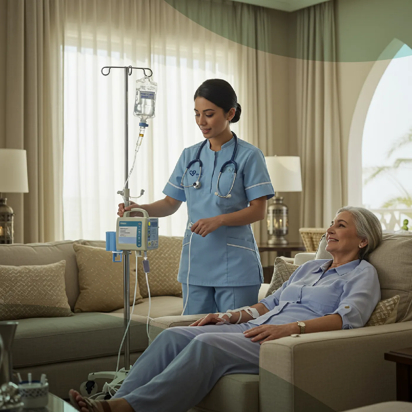nurse administring drip to patient at home