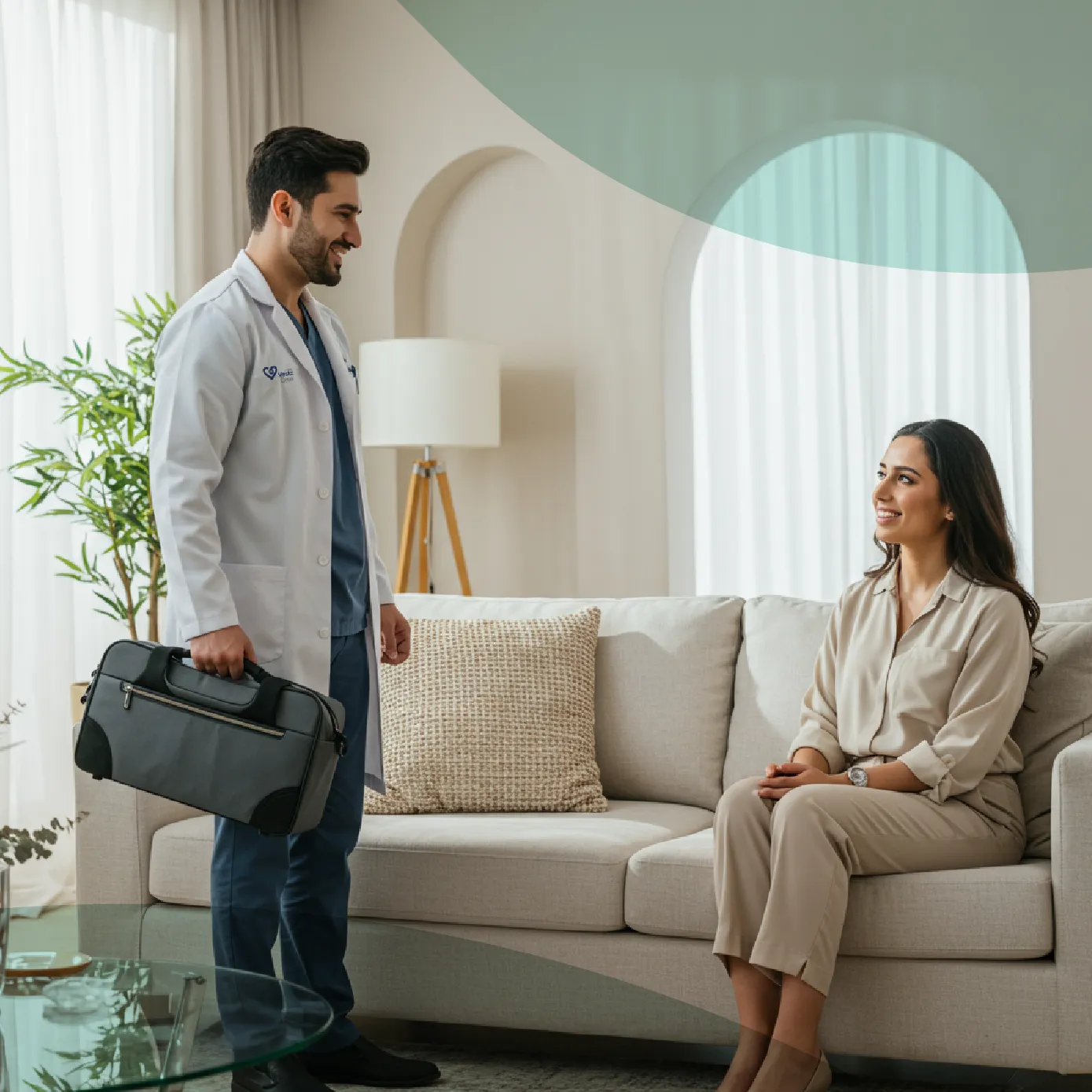 doctor and patient in good mode at home