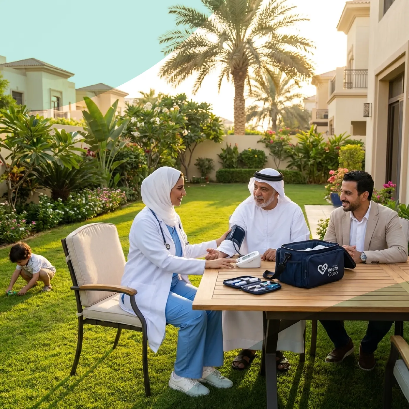 Vesta Care's doctor sitting with local family and checking the patient