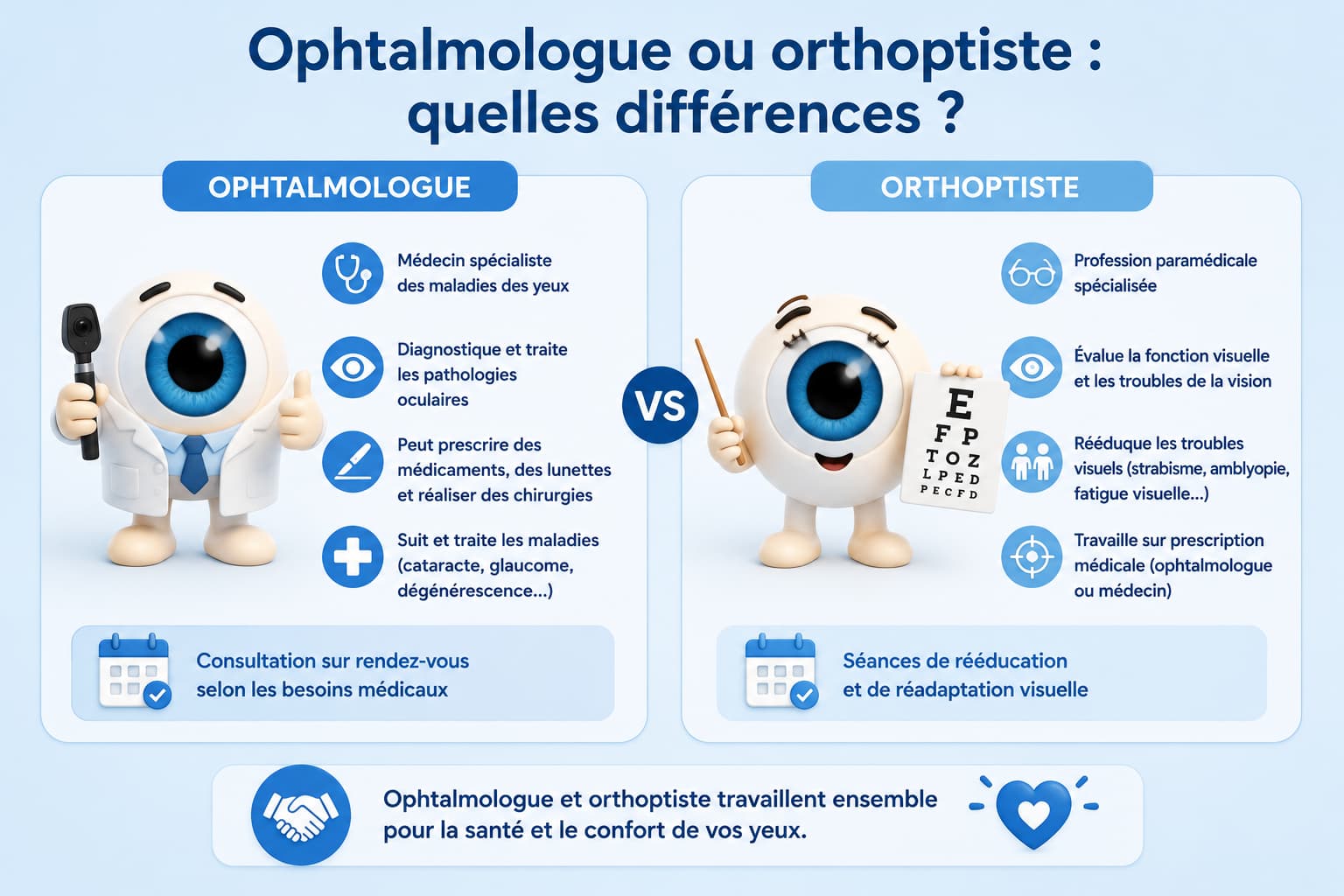 énumération des différences entre ophtalmologue ou orthoptiste