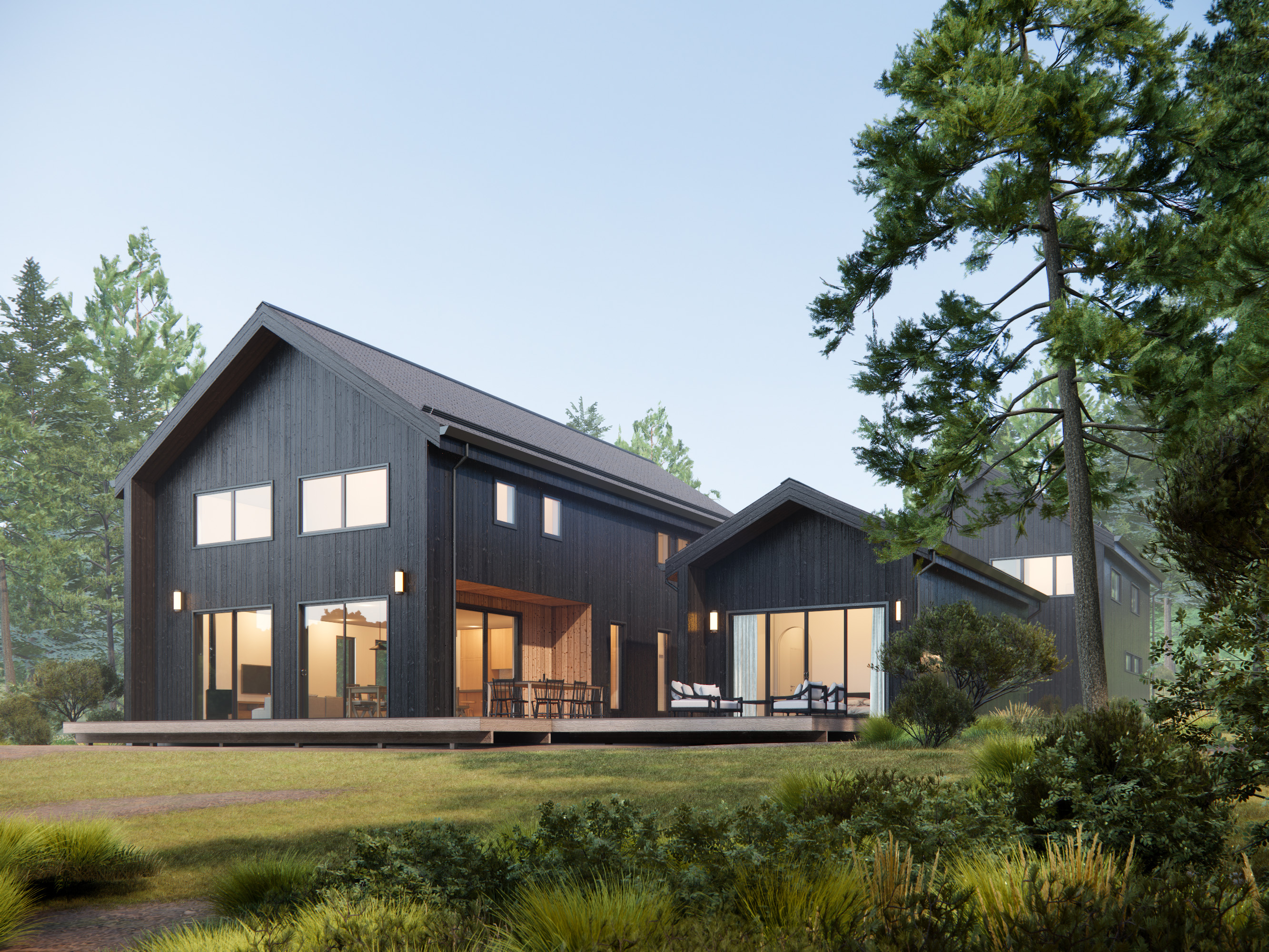 Modern black gabled cabin with large windows and wraparound deck in a forest setting, DWF.