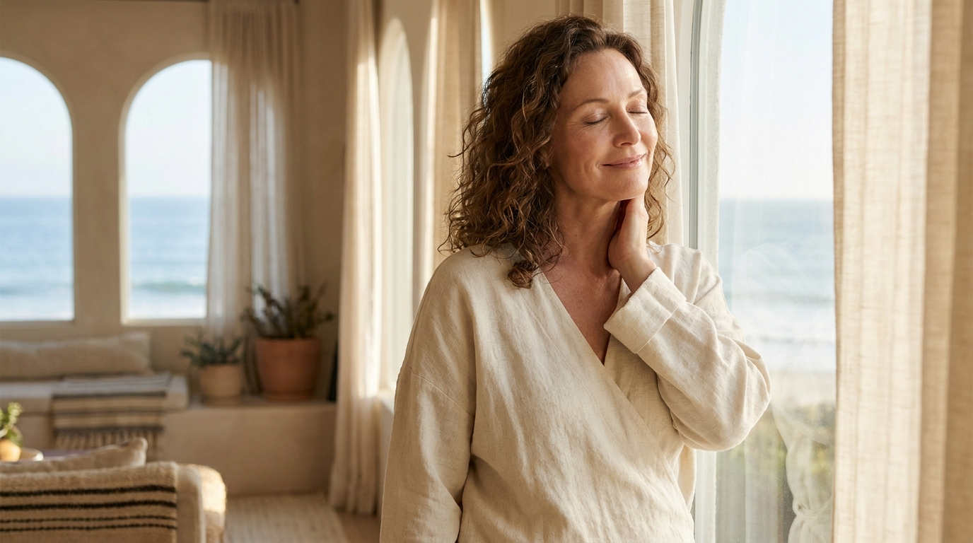 Serene woman resting a hand at her neck in soft coastal light, representing functional thyroid and Hashimoto's care in Carlsbad