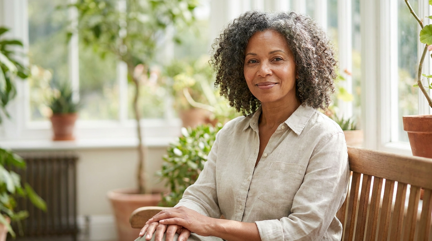 Confident, glowing woman around 50 among greenery, representing bioidentical hormone replacement therapy for menopause in Carlsbad