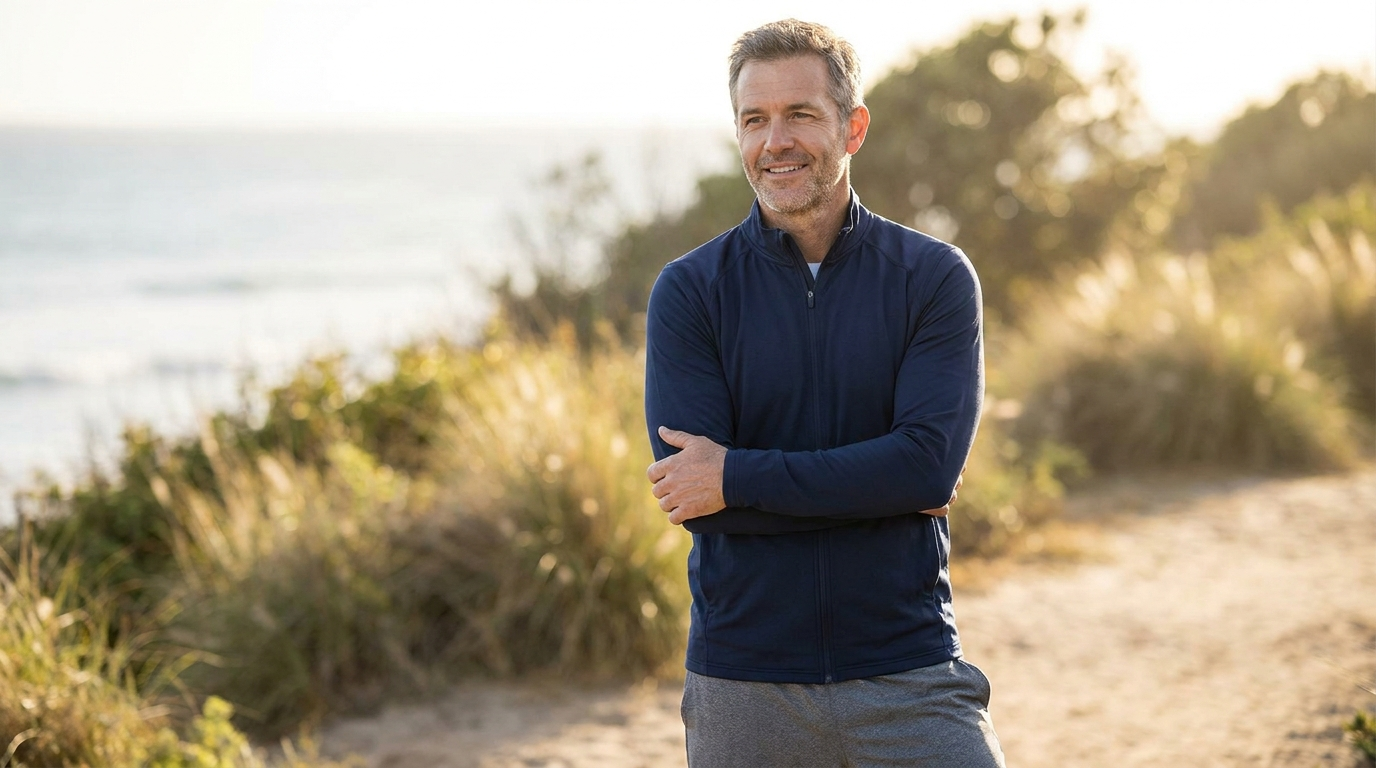 Fit, energetic man in his late 40s on a coastal trail, representing men's low testosterone and hormone optimization in Carlsbad