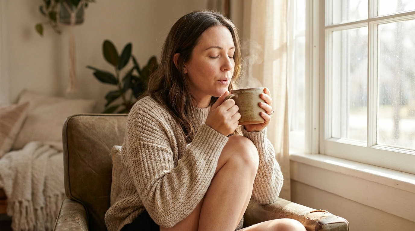Woman calmly holding a warm mug by a sunlit window, representing functional medicine for cortisol, stress and adrenal health in Carlsbad