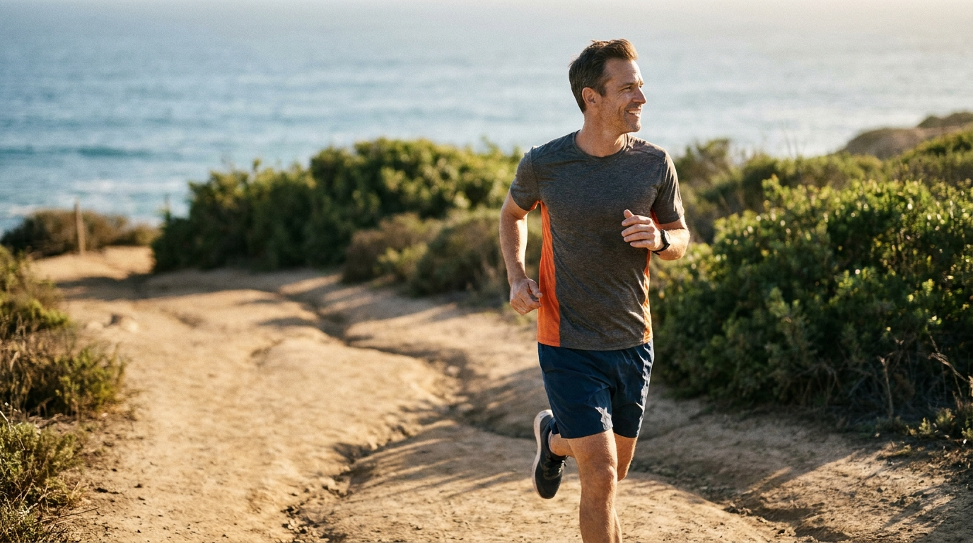 Athletic man jogging pain-free along a sunlit coastal trail, representing regenerative sports medicine in Carlsbad