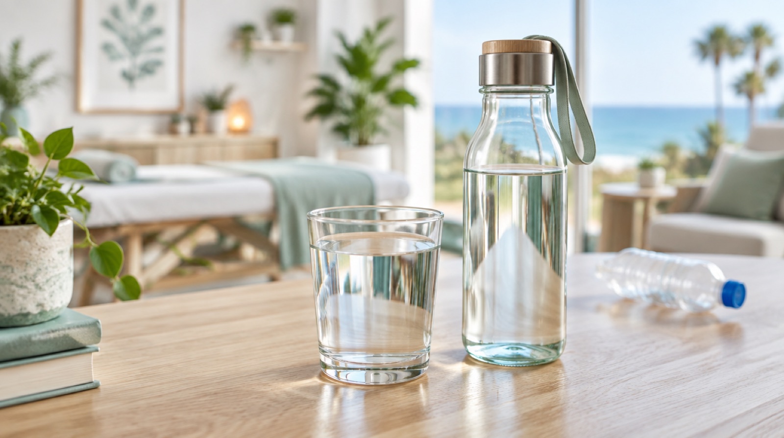 Glass of water and a reusable glass bottle on a table with a plastic bottle in the background, representing microplastics detox in Carlsbad