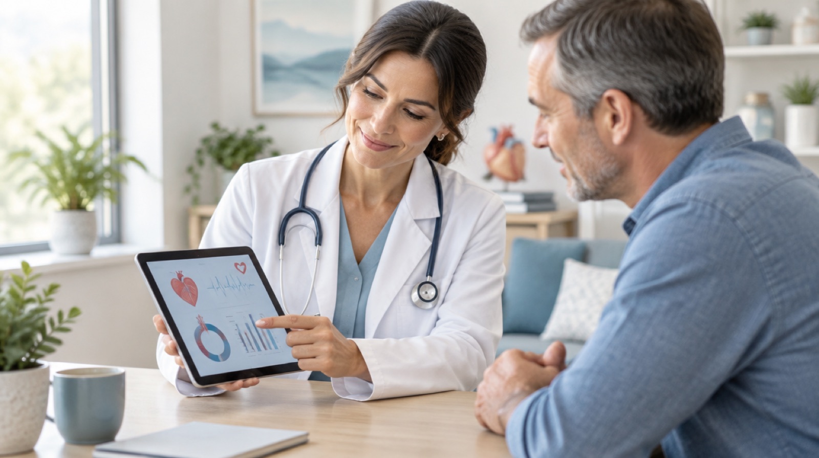 Clinician reviewing heart health lab results on a tablet with a patient, representing Lp(a) and advanced cardiovascular testing in Carlsbad