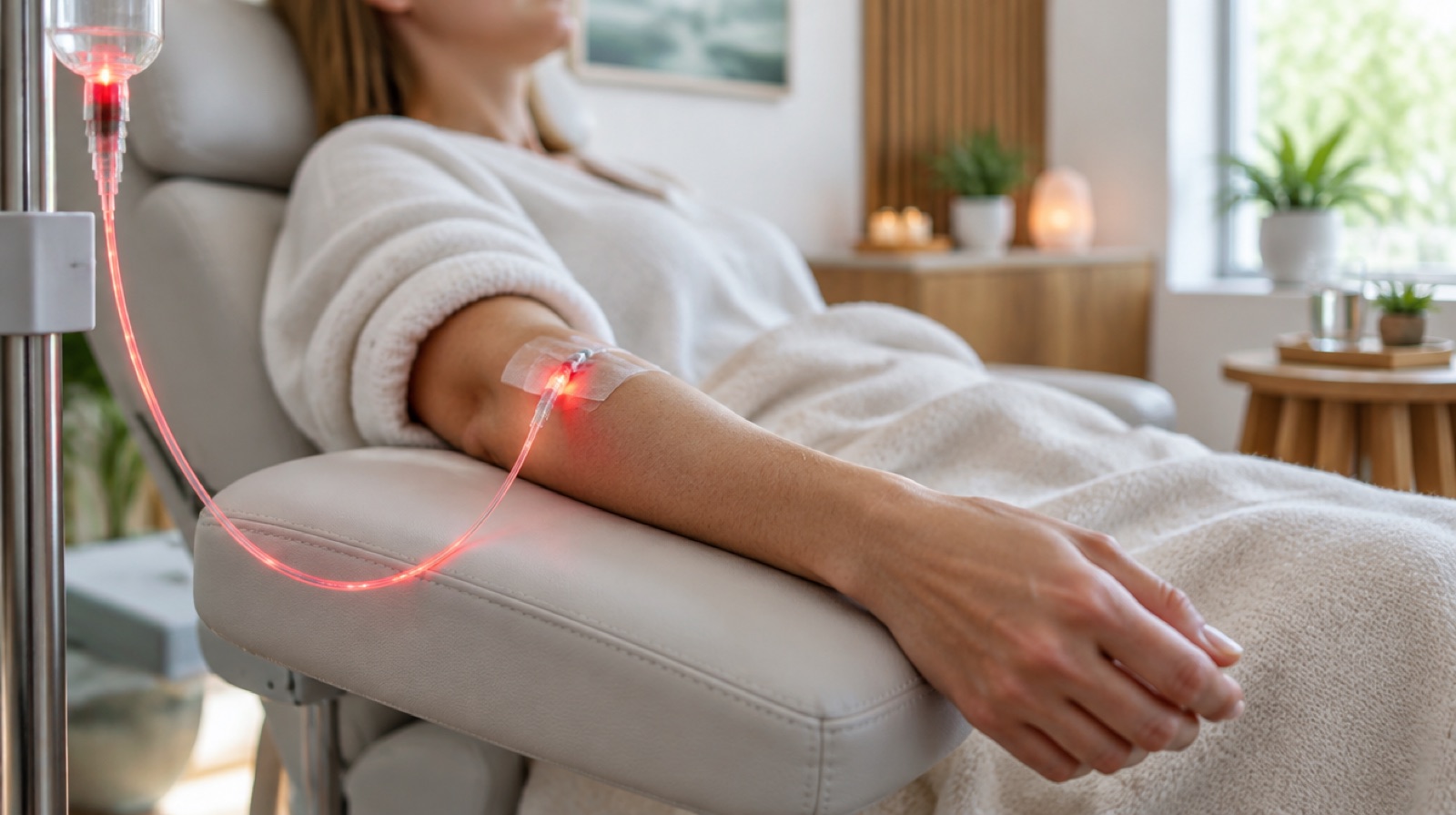 Patient's arm with a fiber-optic IV line glowing red during intravenous laser therapy at a Carlsbad integrative clinic