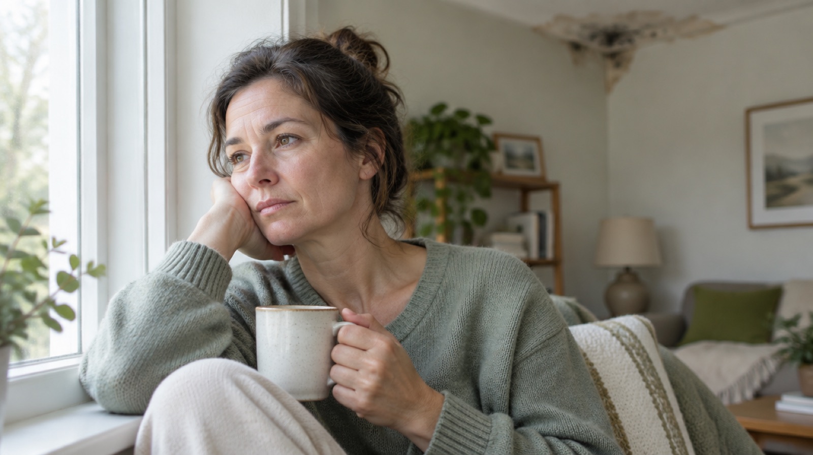 Tired woman holding a mug by a window with a water-stained ceiling in the background, representing mold toxicity symptoms