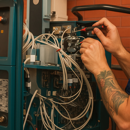 Close up of hands repairing a machine