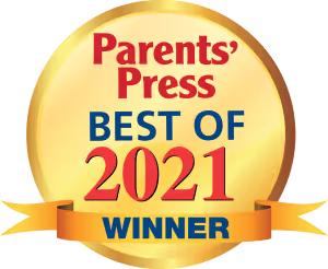 A gold medal with the words parents'press best of 2021 winner.