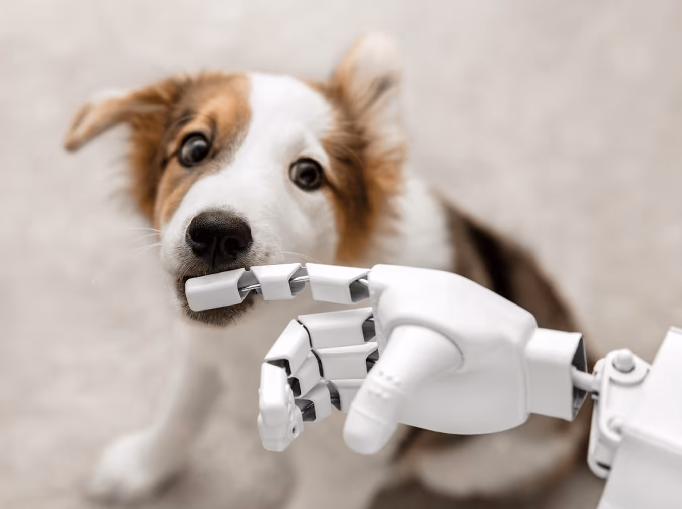 Hund wird von Roboter Hand angefasst